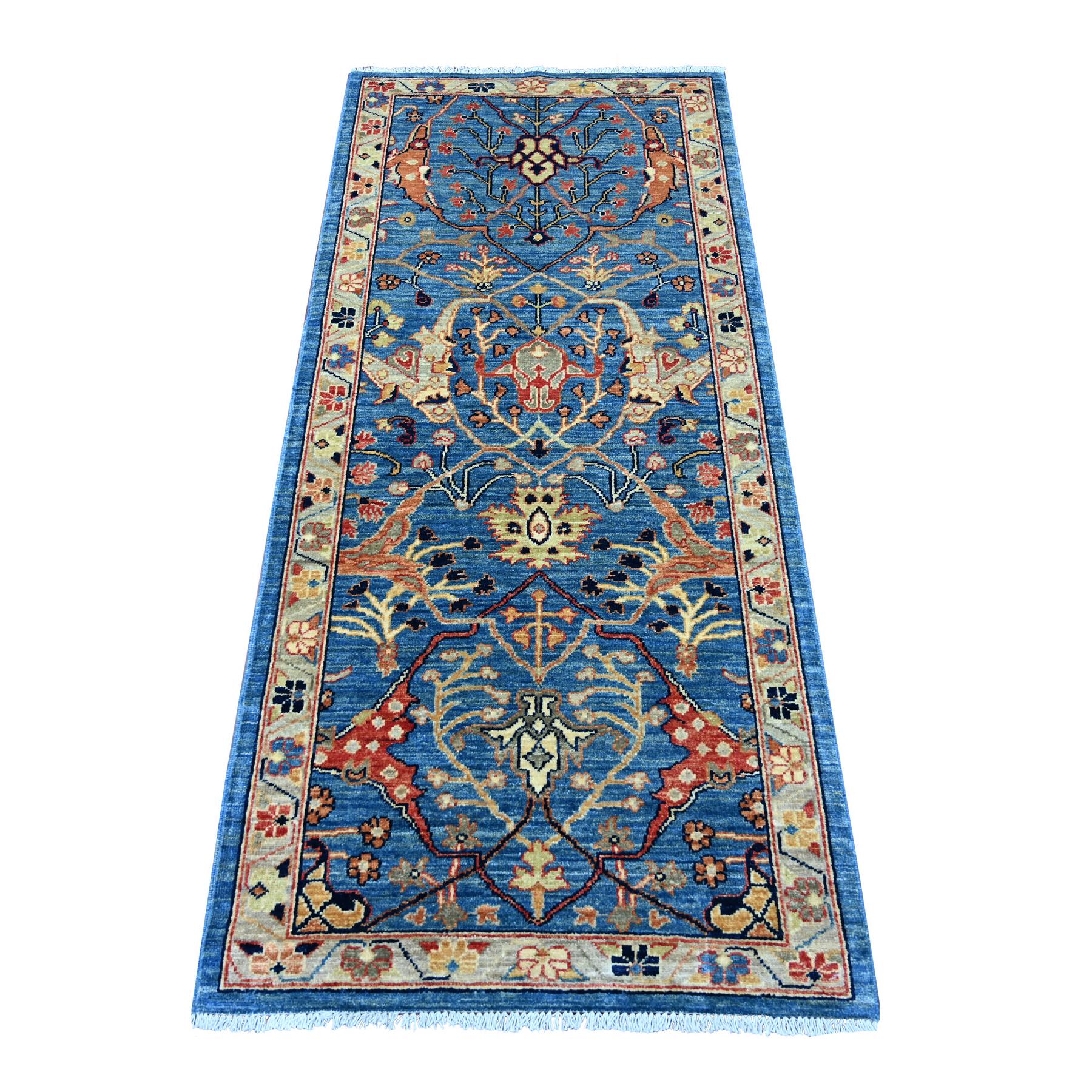 2'7"x6' Marlin Blue, Aryana Collection, Peshawar with Bijar Garus Design, High Mountain Wool, Hand Knotted, Vegetable Dyes, Densely Woven, Runner, Oriental Rug 